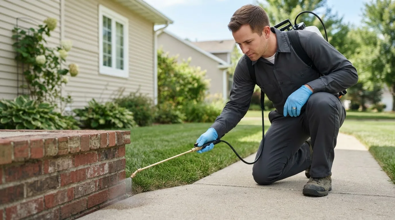 Pest control technician treating a home near Gilbertville, IA