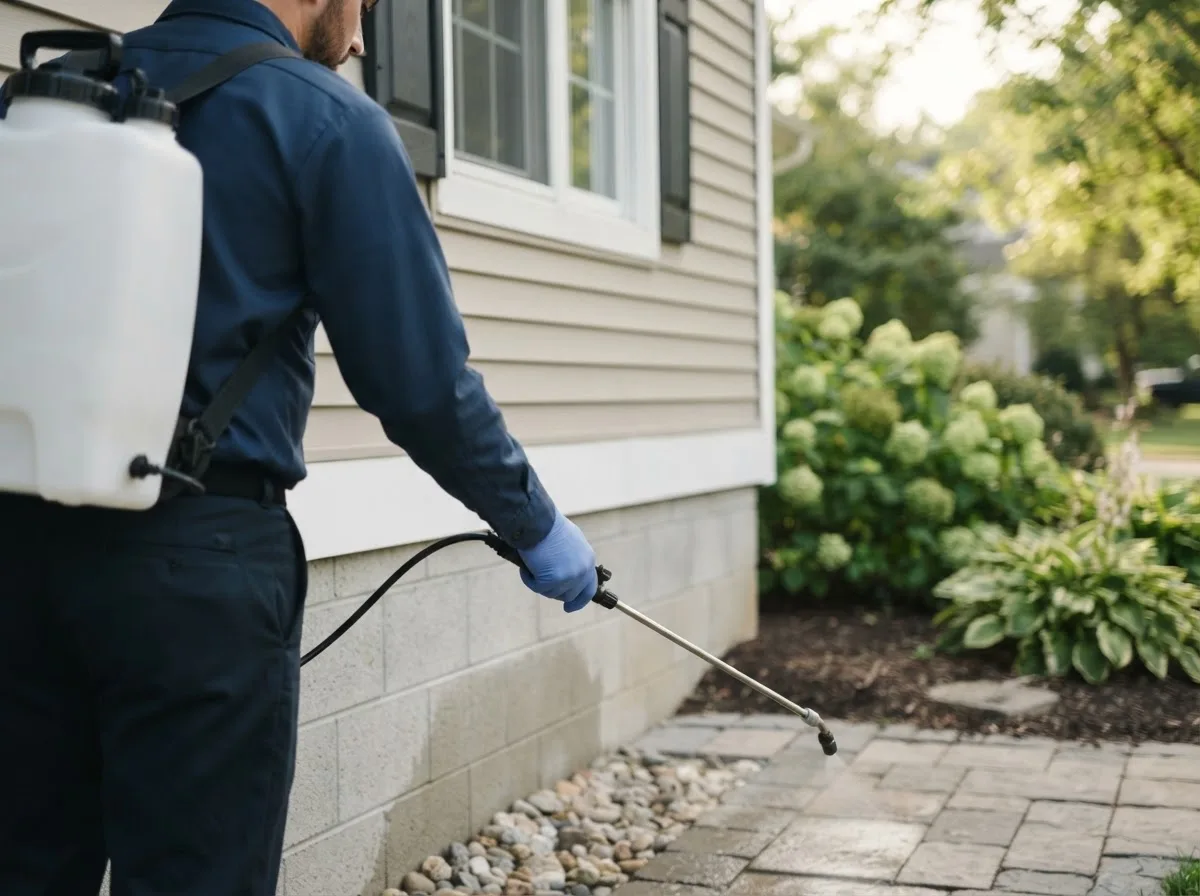 Pest control technician inspecting a home in Gilbertville, IA